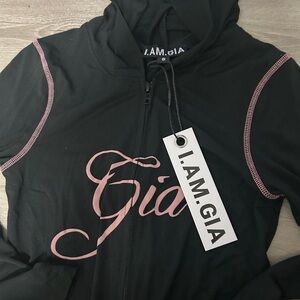 I.AM.GIA Black Hoodie with Pink Script Logo